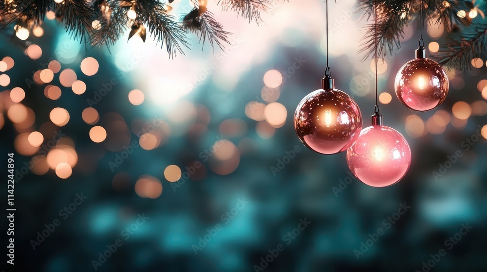 Three shiny ornaments hang delicately from pine branches, capturing the festive spirit with twinkling lights in the background, symbolizing joy and celebration. Three shiny ornaments hang delicately from pine branches, capturing the festive spirit with twinkling lights in the background, symbolizing joy and celebration.