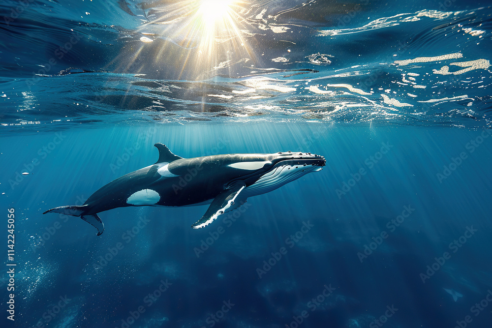 Obraz premium Fantastically beautiful majestic huge whale in deep ocean