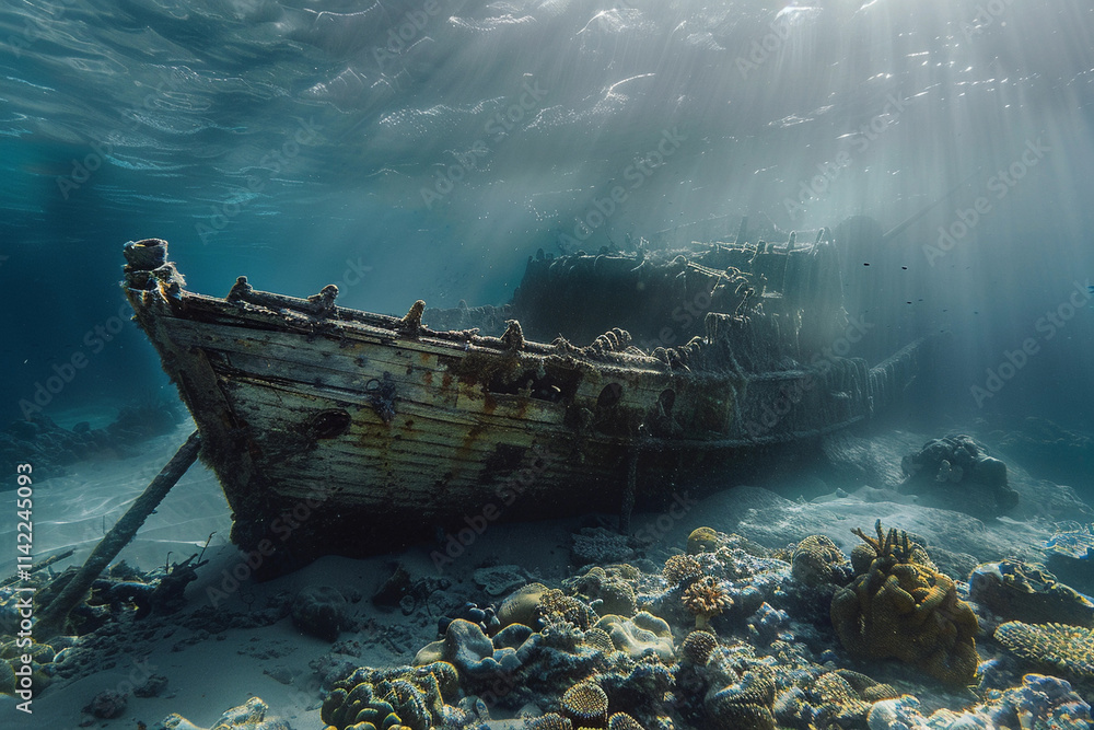 Underwater view of an sunken ship on seabed with fish swimming around Underwater view of an sunken ship on seabed with fish swimming around