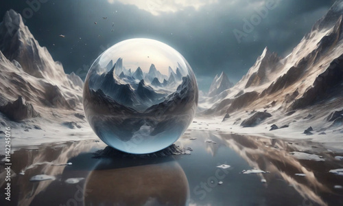 Reflective sphere floats above a serene digital landscape: 3D rendering 