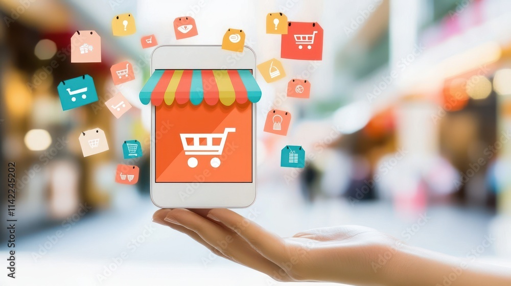 A hand holds a shopping app icon with floating shopping-related symbols, symbolizing online shopping and digital commerce. A hand holds a shopping app icon with floating shopping-related symbols, symbolizing online shopping and digital commerce.
