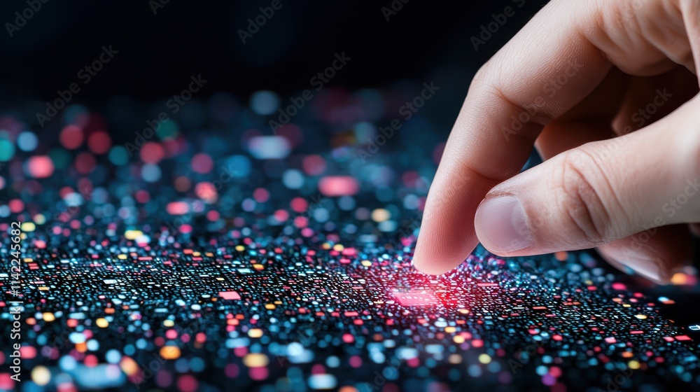 A hand touches a surface filled with colorful, sparkling particles, creating a visual effect of interaction with a vibrant, cosmic-like scene. A hand touches a surface filled with colorful, sparkling particles, creating a visual effect of interaction with a vibrant, cosmic-like scene.