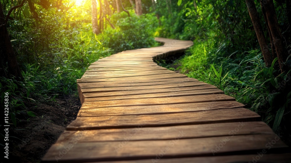 Obraz premium Wooden Path Through Lush Greenery