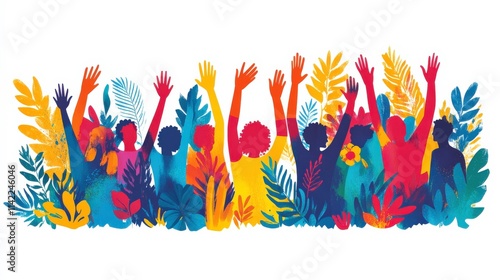 Colorful Silhouettes of Diverse Individuals Celebrating Together Against a Vibrant Nature Background, Symbolizing Unity, Joy, and Community Engagement