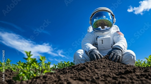 An astronaut in white suit planting seeds on the ground, clear blue sky, green field of crops photo