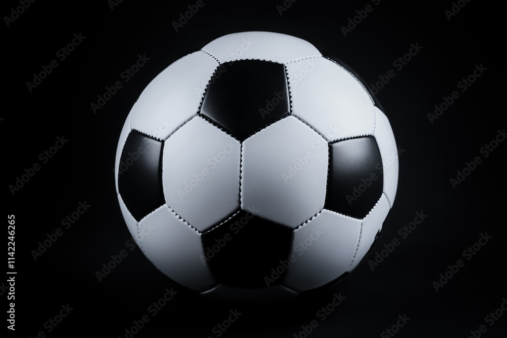 A crisp black-and-white soccer ball with a smooth texture and polished panels, shown against a soft dark background. A crisp black-and-white soccer ball with a smooth texture and polished panels, shown against a soft dark background.