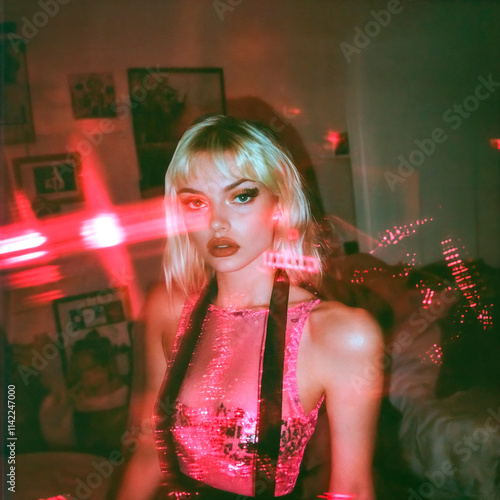 Alternative young blonde woman in home party. Girl posing in apartment at night, lit by red laser lights, with double exposure, moody atmosphere. Grainy texture, 35mm film photo