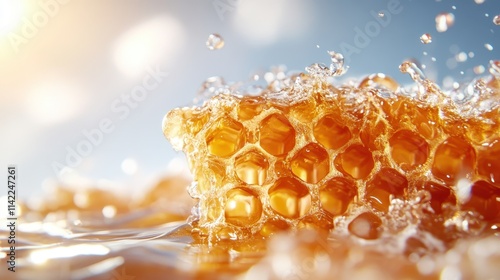 An awe-inspiring image depicting a honeycomb illuminated by sunlight, showcasing the radiant glow and vibrant color palette that conveys warmth and natural beauty. photo