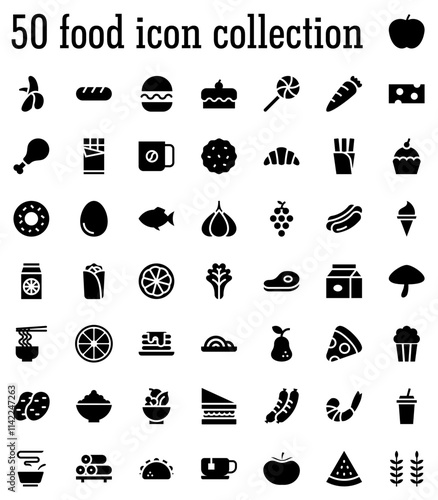 50 food solid, or glyph icon collection