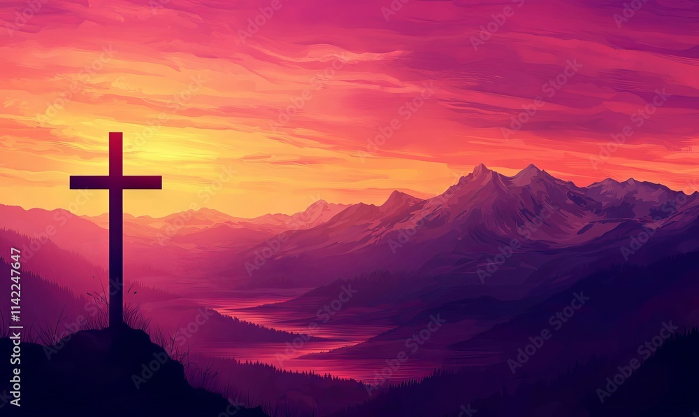 The idea of Jesus Christ's resurrection: a cross silhouette against a sunrise over mountains. The idea of Jesus Christ's resurrection: a cross silhouette against a sunrise over mountains.