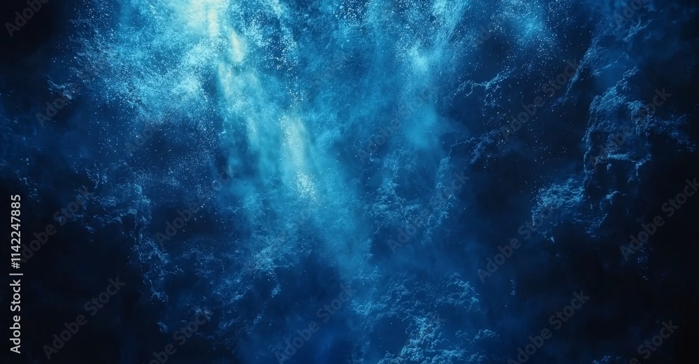 Sunlight penetrates the water, casting realistic rays under the surface, where ripples create reflections against a deep blue sea or ocean backdrop. Sunlight penetrates the water, casting realistic rays under the surface, where ripples create reflections against a deep blue sea or ocean backdrop.