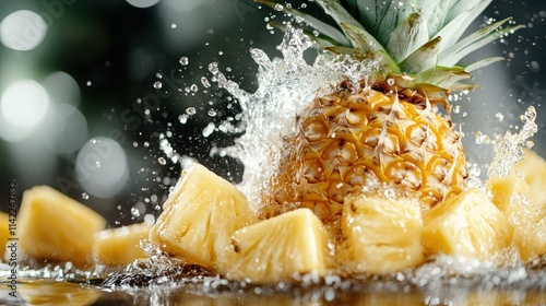 A juicy pineapple, surrounded by splashing water droplets, is vividly depicted, evoking a sense of refreshment and tropical joy through the lively image. photo