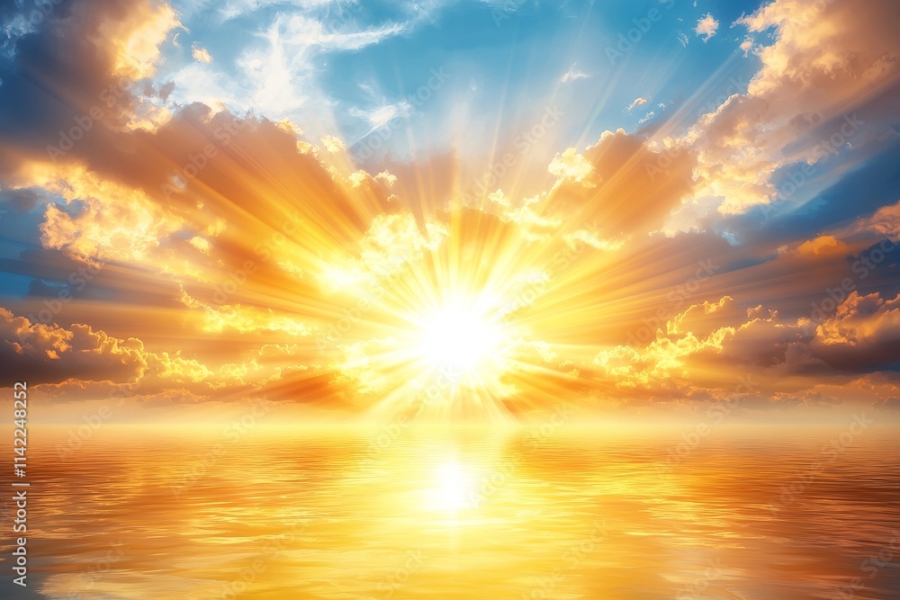 Early morning seascape with the sunrise over the sea, featuring a nature landscape, sunlight on the horizon, and a blue, cloudy sky. A wide view of the sunrise over the Red Sea in Egypt. Early morning seascape with the sunrise over the sea, featuring a nature landscape, sunlight on the horizon, and a blue, cloudy sky. A wide view of the sunrise over the Red Sea in Egypt.