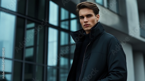 German male model in a sleek black jacket, standing by a modern architecture building in Berlin