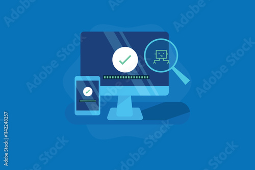 Computer Scanning for Virus and malware, Malware removal from computer, Virus free mobile and computer, Anti virus software and application. Vector illustration concept.