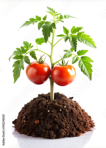 Healthy Tomato Plant with Soil Isolated on White Background for Gardening Enthusiasts.