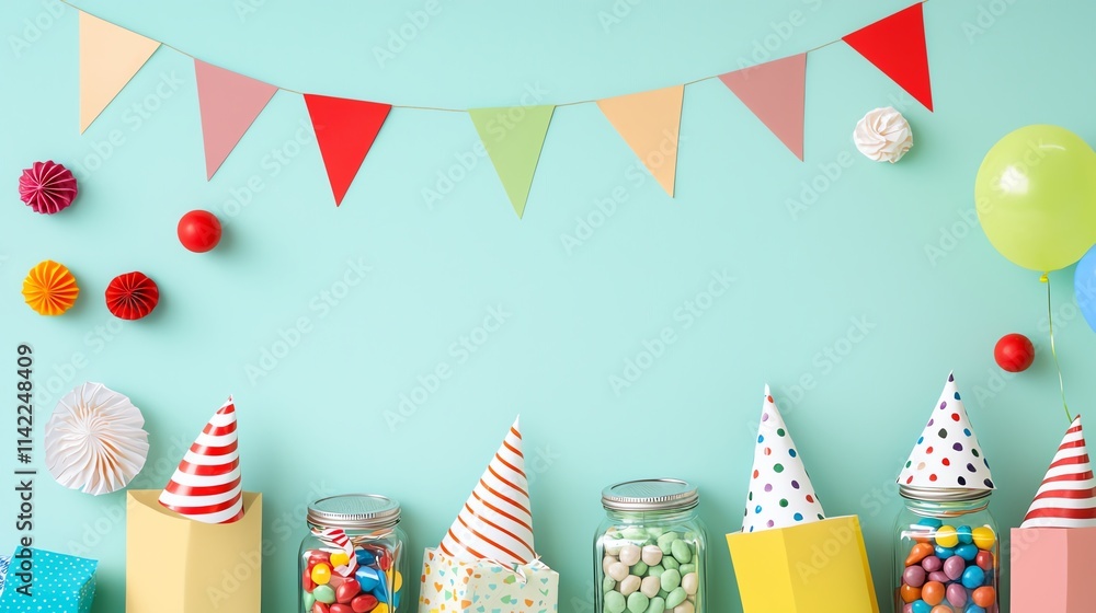 Obraz premium Inside the studio, a fun-filled kids' party table covered with candy jars, party hats, and colorful gifts is arranged against a vibrant pastel background with soft lighting