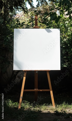 Giant blank canvas on a small easel in a garden setting during daylight
