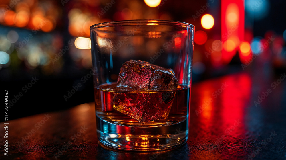 Vaso de whisky con hielo en un bar iluminado Vaso de whisky con hielo en un bar iluminado
