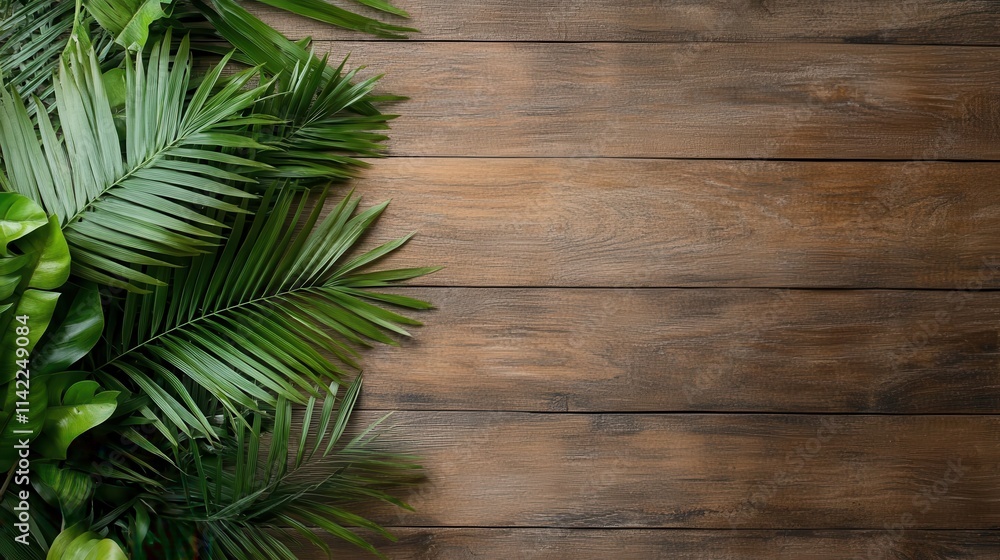 Rich wooden boards form a rustic backdrop, accentuated by lush green foliage on the left, combining natural elegance with a touch of organic simplicity. Rich wooden boards form a rustic backdrop, accentuated by lush green foliage on the left, combining natural elegance with a touch of organic simplicity.
