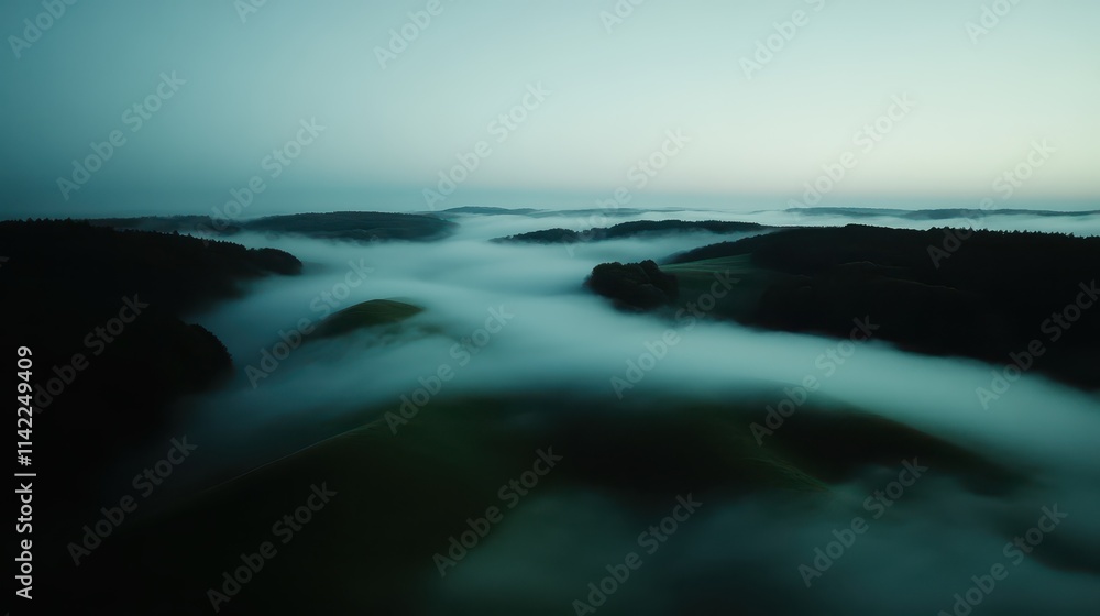 Fototapeta premium Fog envelops lush green lands in abstract aerial view at dawn