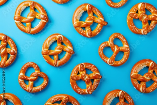 A blue background with a bunch of pretzels. The pretzels are all different sizes and are all brown photo