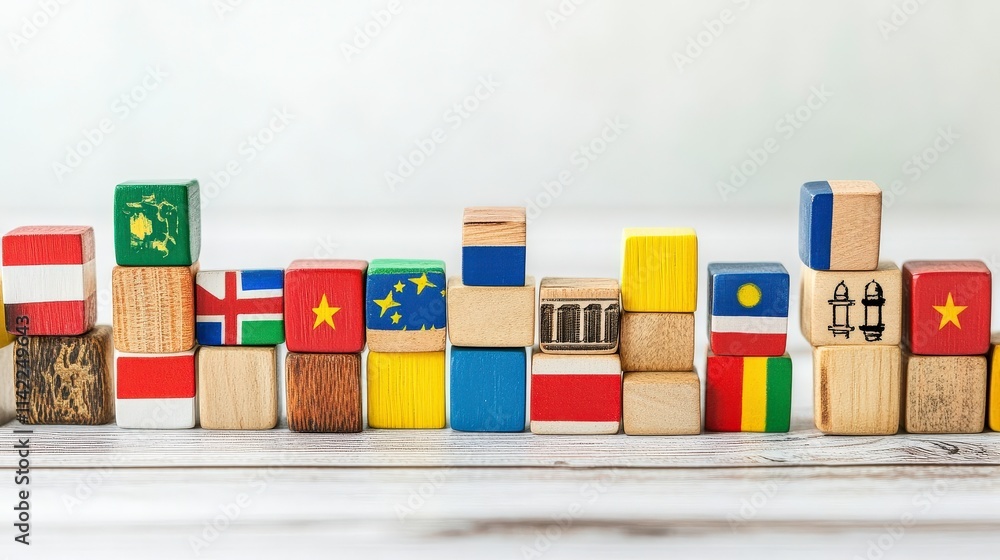 Obraz premium Colorful wooden blocks representing various countries flags arranged on a rustic wooden table showcasing world culture education and diversity for children and adults.