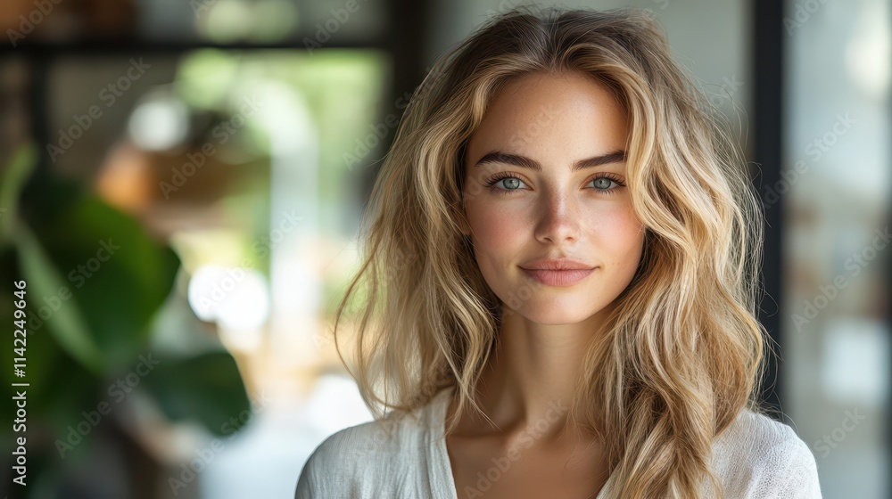Beautiful business woman with long hair smiling in a modern office setting Beautiful business woman with long hair smiling in a modern office setting