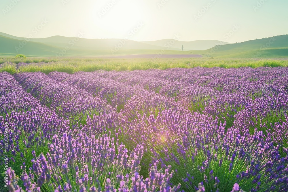 Sunlit lavender field with distant hills under clear sky. Sunlit lavender field with distant hills under clear sky.
