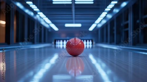 A high-speed shot of a bowling ball rolling toward the pins, seconds before impact, creating a sense of excitement, on white photo