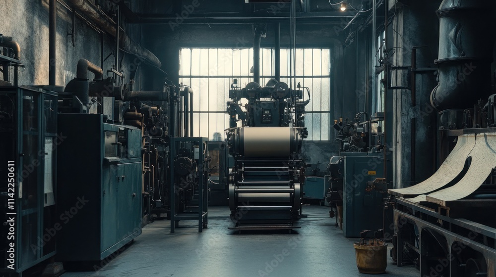 Industrial Machinery in a Dimly Lit Factory Industrial Machinery in a Dimly Lit Factory