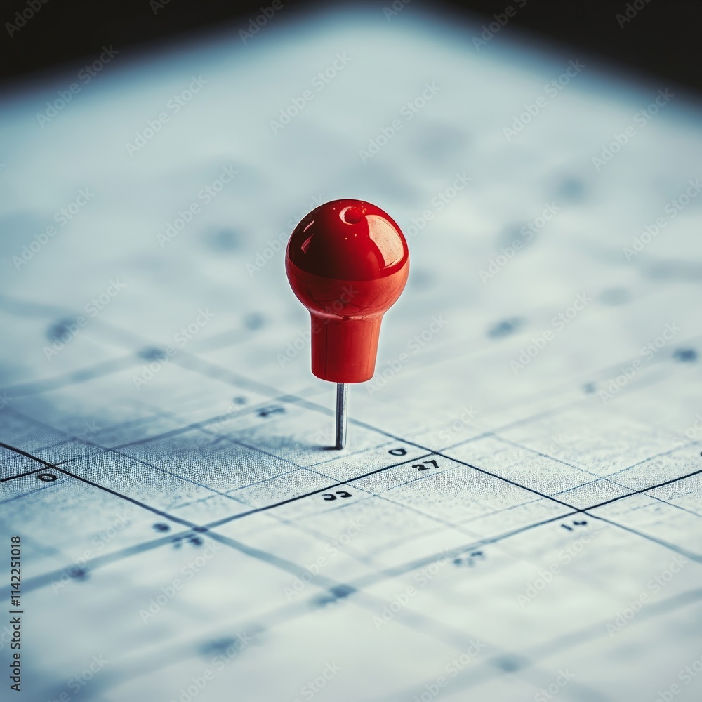 Red Pushpin on Calendar Date Close-Up Red Pushpin on Calendar Date Close-Up