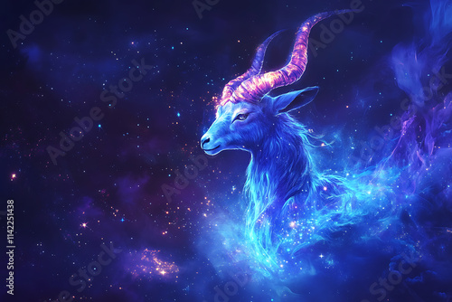 A stunning digital illustration of the Capricorn zodiac sign, featuring a majestic goat with a fish tail, glowing constellations, and a deep blue and purple cosmic background with mystical and celesti photo