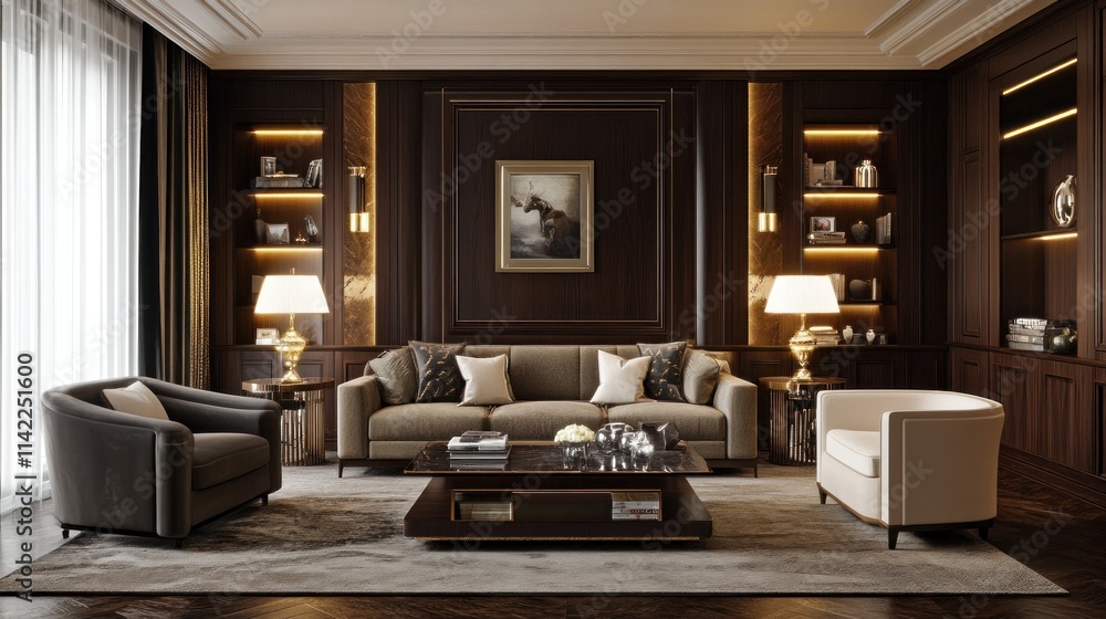 Fototapeta premium Luxurious Living Room with Rich Wood Paneling and Elegant Furnishings
