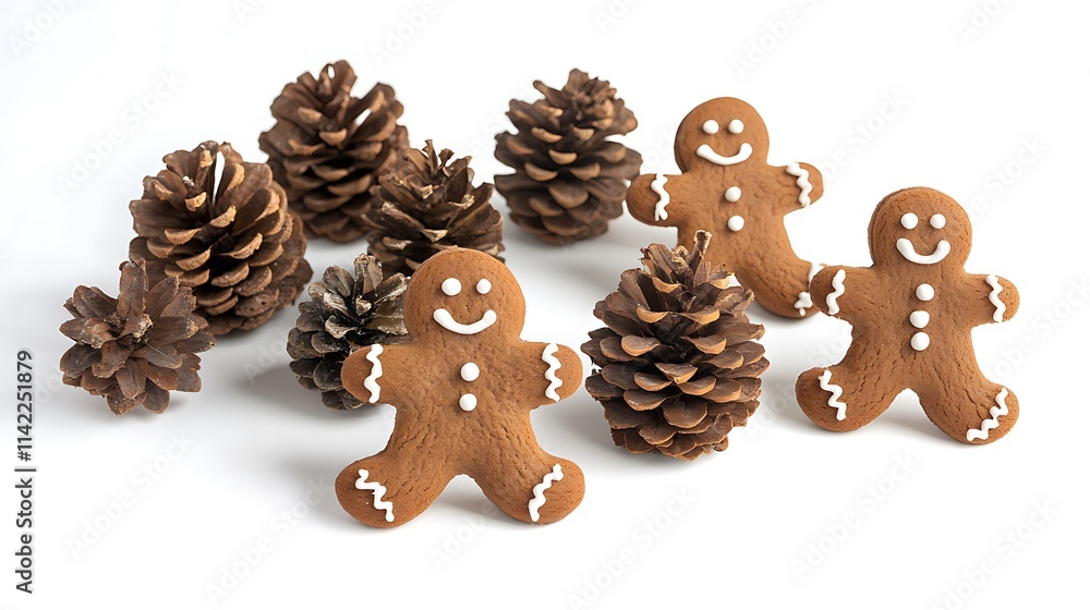 Whimsical gingerbread men paired with rustic pine cones and soft natural shadows, isolated on a clean white backdrop Whimsical gingerbread men paired with rustic pine cones and soft natural shadows, isolated on a clean white backdrop