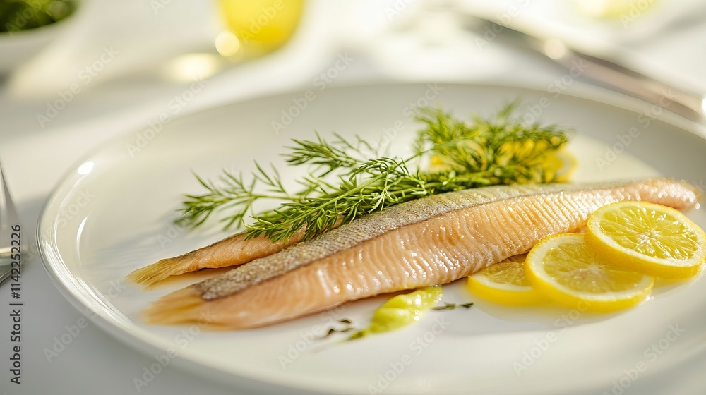 Fresh Fish Fillet Close Up on Clean White Plate with Lemon and Herbs for Culinary Presentation Fresh Fish Fillet Close Up on Clean White Plate with Lemon and Herbs for Culinary Presentation