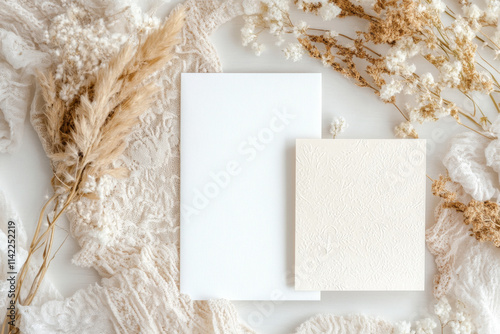 Wedding stationery invitation card mockup 7x5 on white background with envelop and boho decor. Baby shower o bridal shower mockup. Minimal bohemian style blank mockup, thank you card, greeting card photo