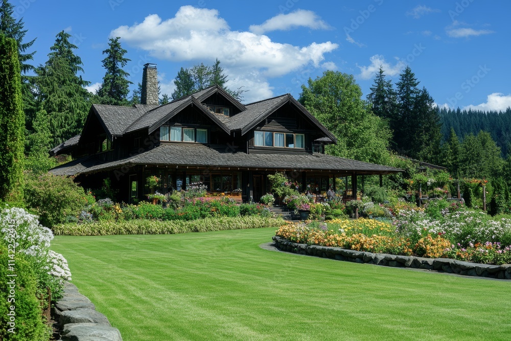 Luxurious wooden house with a vast garden, showcasing vibrant flowers and manicured lawn under a bright sunny sky. Luxurious wooden house with a vast garden, showcasing vibrant flowers and manicured lawn under a bright sunny sky.