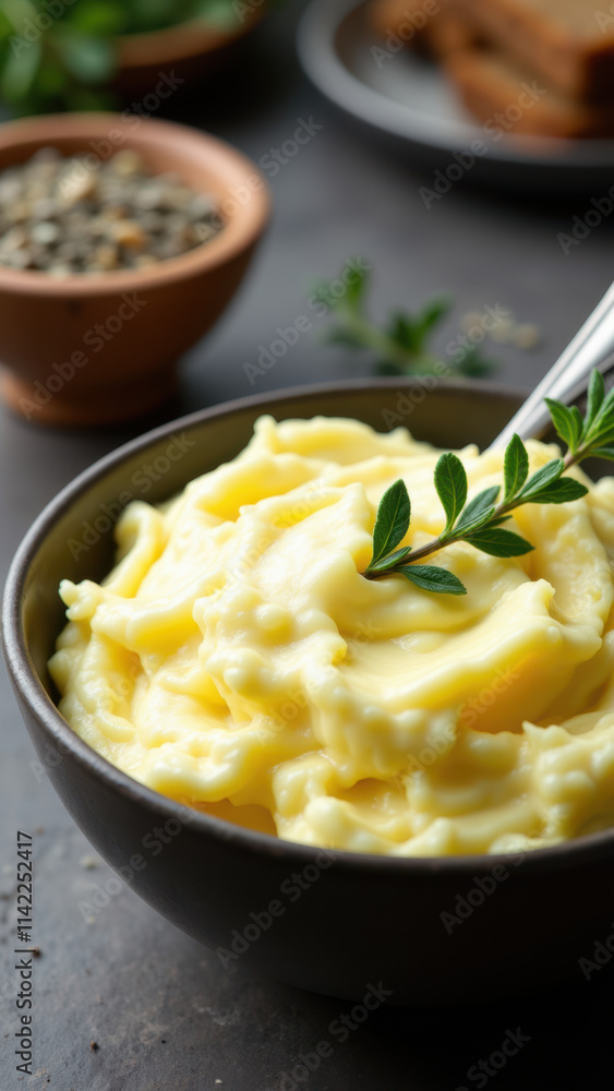 This image features a bowl of creamy yellow mashed potatoes with garnished herbs on top, presented against a grey background. This image features a bowl of creamy yellow mashed potatoes with garnished herbs on top, presented against a grey background.