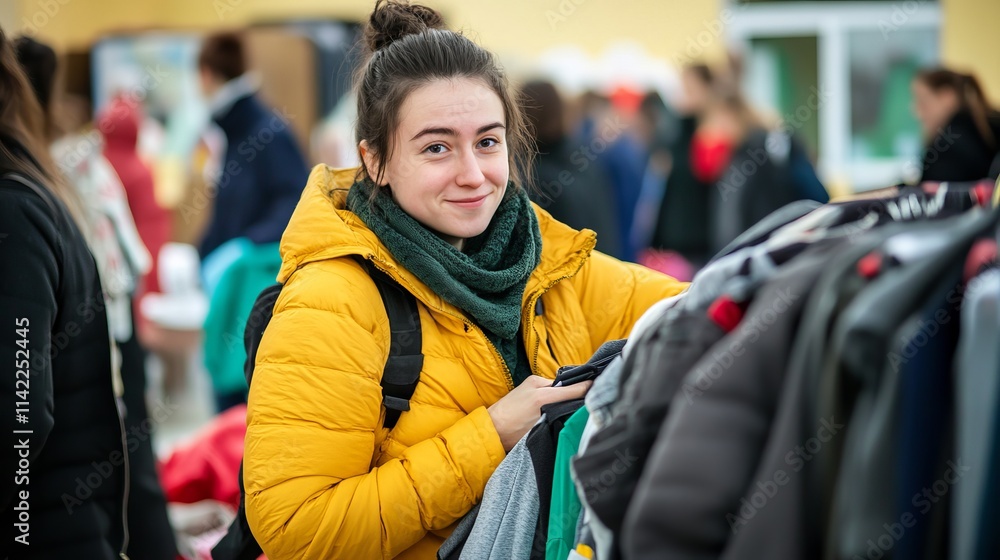 Volunteers Organizing Clothing Drive with Smiling Participant in Community Sorting Event Volunteers Organizing Clothing Drive with Smiling Participant in Community Sorting Event