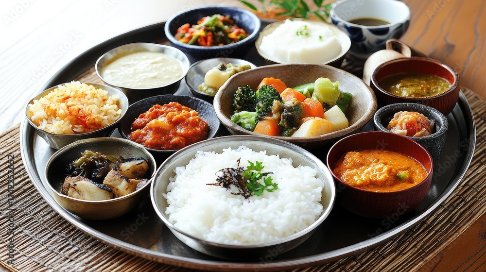 A beautifully arranged thali (Indian platter) featuring a variety of curries, rice, roti, and chutneys, offering a complete Indian meal experience on a traditional metal plate.