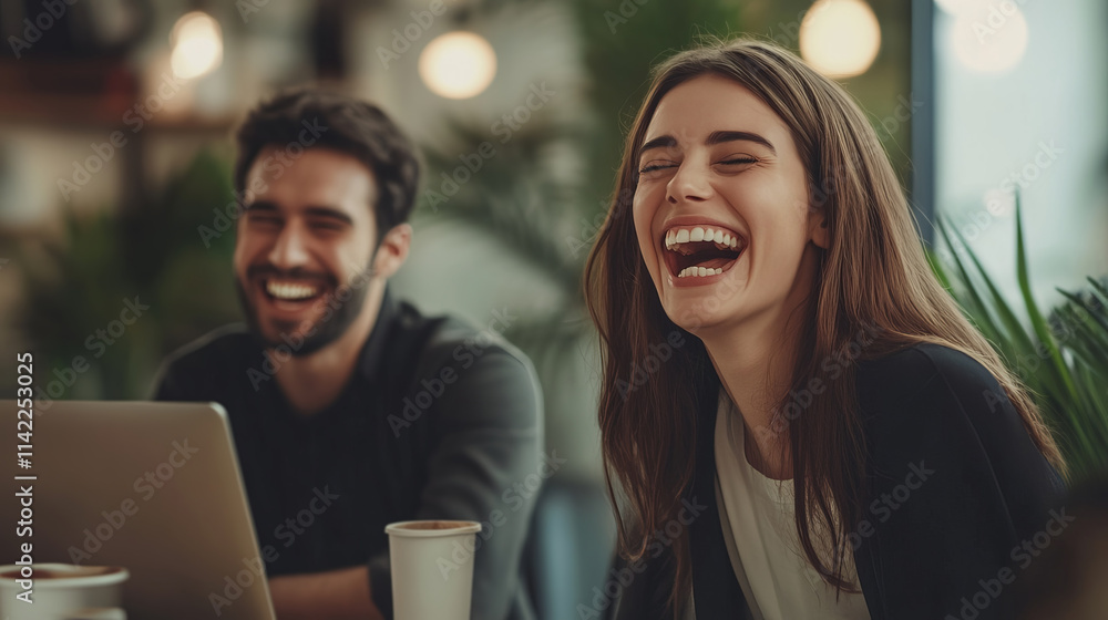 Team Leader and Junior Worker Laughing Together in a Modern Workspace Setting Team Leader and Junior Worker Laughing Together in a Modern Workspace Setting