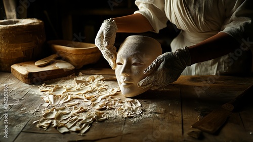 Artisan Crafting an Intricate Noh Mask with Careful Precision and Attention to Detail