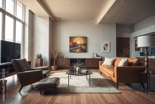 Modern living room interior design cozy apartment photography bright environment wide angle home aesthetics
