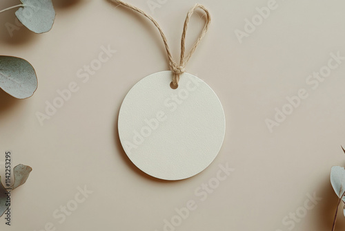 Neutral round gift tag mockup on beige background, minimal design, label tag mockup, Wedding favor tag for souvenir, sign for greeting message close up, element for design