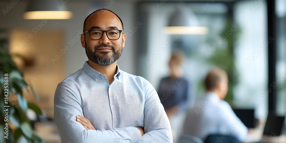 Portrait of a male project lead standing confidently in a conference room, presenting to colleagues, smiling