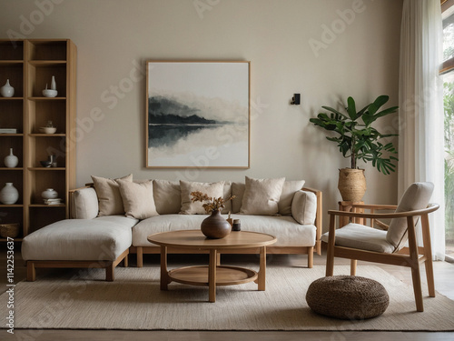 Simplicity, a living room illuminated by natural light, exudes warmth and a neutral color palette. Minimalist style interior