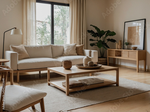 A cozy living room with neutral tones, simple furniture, and soft lighting, creating a warm and relaxing atmosphere.