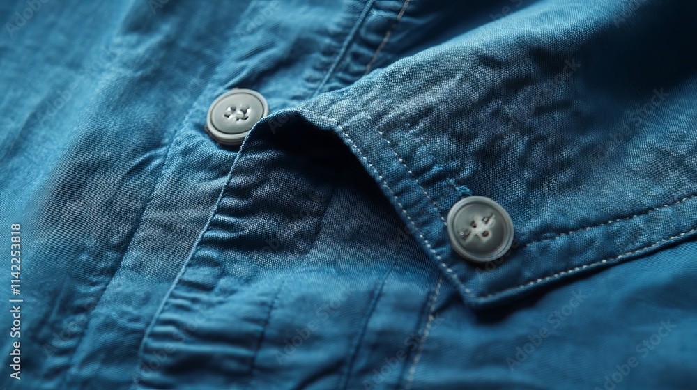 Detailed Close-Up Mockup of Blue Shirt with Unique Neckline and Button Features Detailed Close-Up Mockup of Blue Shirt with Unique Neckline and Button Features