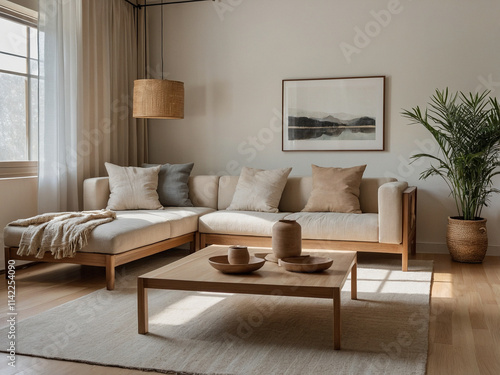 A serene living room exudes tranquility, creating a cozy ambiance with neutral colors and airy Scandinavian design. Simplicity and comfort blend harmoniously, embodying Japandi style.